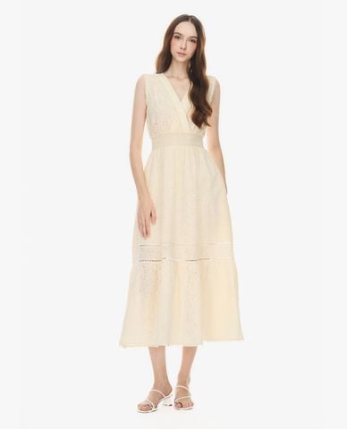  GIGI - Đầm sát nách midi cổ V chiết eo phối ren 