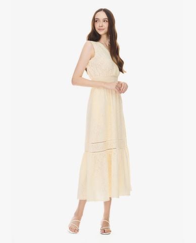  GIGI - Đầm sát nách midi cổ V chiết eo phối ren 