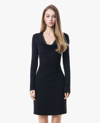  GIGI - Đầm mini cổ đổ tay dài phối viền ren 