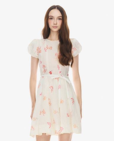  GIGI - Đầm mini cổ tròn tay phồng in hoa thắt nơ 