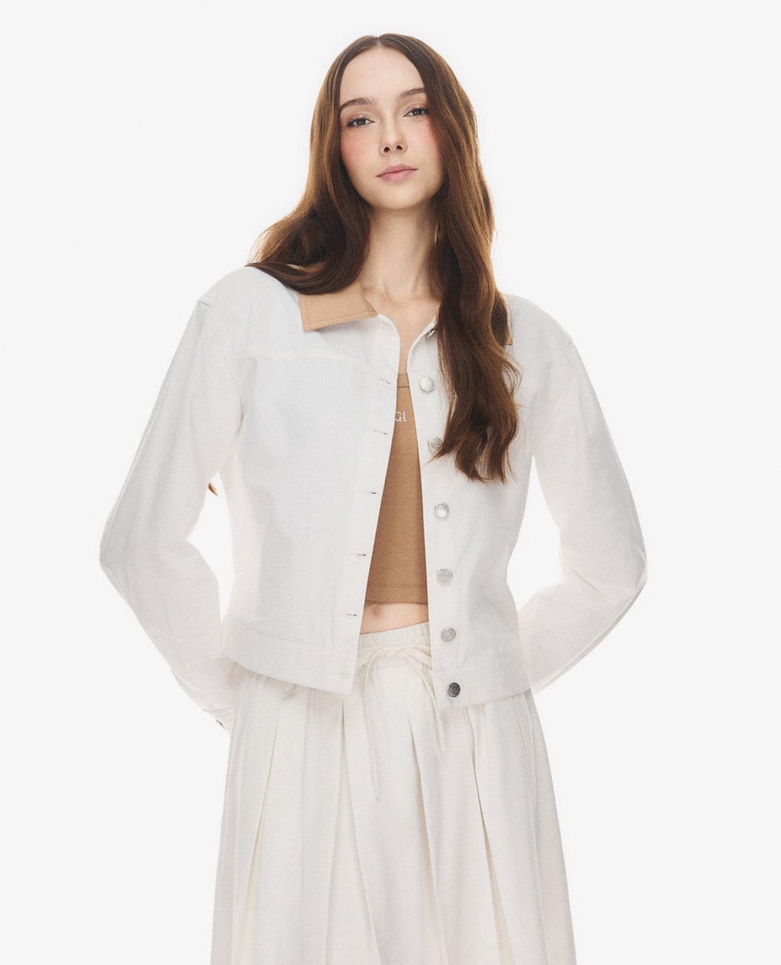 GIGI - Áo khoác denim nữ cổ bẻ tay dài phom croptop