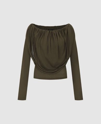  URBAN REVIVO - Áo trễ vai nữ tay dài xếp li 