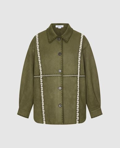  URBAN REVIVO - Áo khoác sơ mi nữ tay dài phối viền thêu 