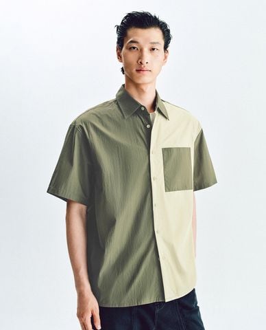  URBAN REVIVO - Áo sơ mi nam tay ngắn phối màu tương phản 