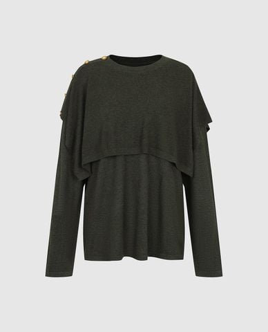  URBAN REVIVO - Áo dệt kim nữ tay dài hai lớp đính khuy 