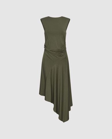 URBAN REVIVO - Đầm sát nách midi nhún eo bất đối xứng 
