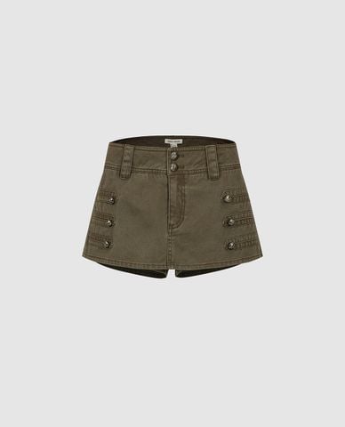 URBAN REVIVO - Quần short jeans nữ giả váy đính khuy 