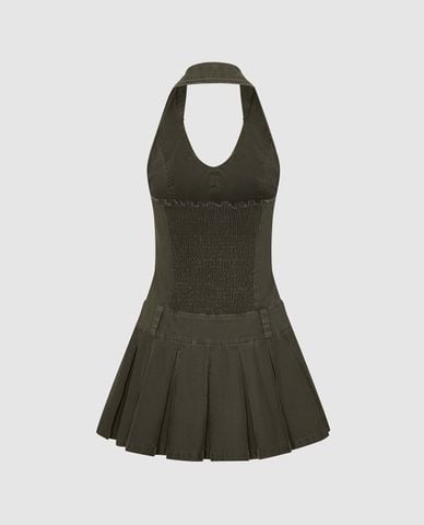  URBAN REVIVO - Đầm xếp li mini cổ yếm đính khuy 