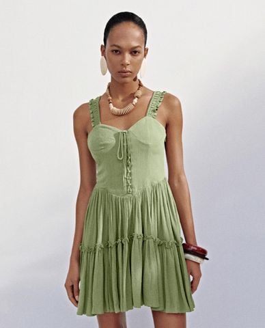  URBAN REVIVO - Đầm hai dây mini cổ tim buộc nơ 