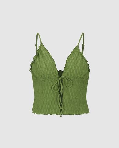 URBAN REVIVO - Áo hai dây nữ cổ V viền bèo phối dây 