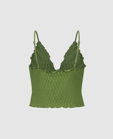  URBAN REVIVO - Áo hai dây nữ cổ V viền bèo phối dây 