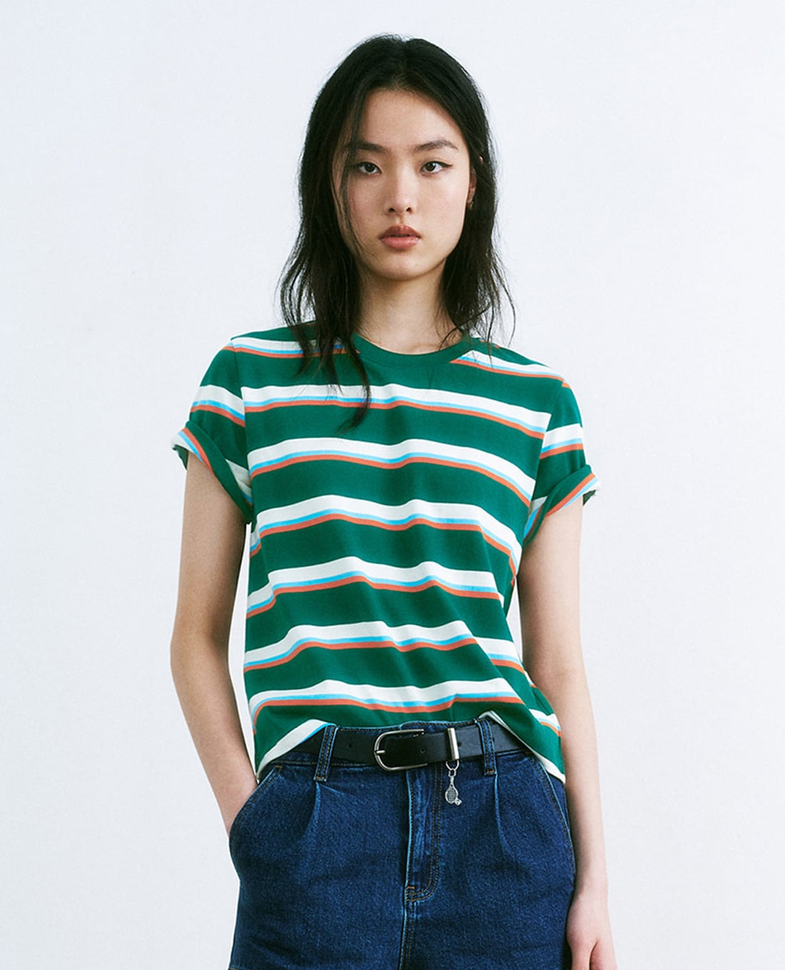 URBAN REVIV - Áo thun nữ cổ tròn tay ngắn kẻ sọc