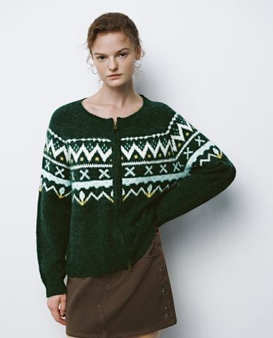  URBAN REVIVO - Áo khoác cardigan nữ cổ tròn phối khoá zip 