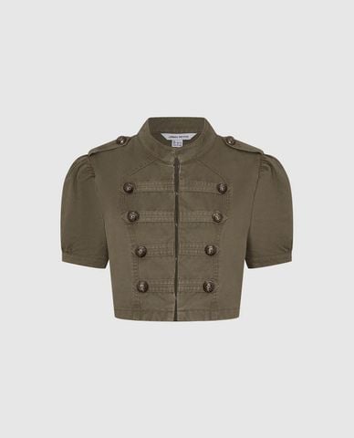  URBAN REVIVO - Áo khoác croptop nữ cổ trụ tay bồng 