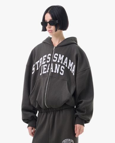 STRESSMAMA - Áo khoác phối mũ unisex khóa zip SSMA 