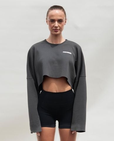 STRESSMAMA - Áo croptop nữ cổ tròn tay dài in logo Coach 
