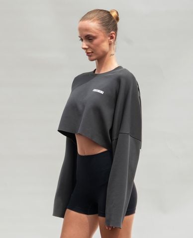  STRESSMAMA - Áo croptop nữ cổ tròn tay dài in logo Coach 