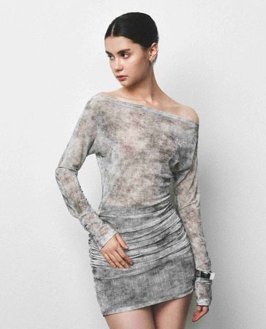  DEZUS - Đầm trễ vai mini nhún eo Odessa 