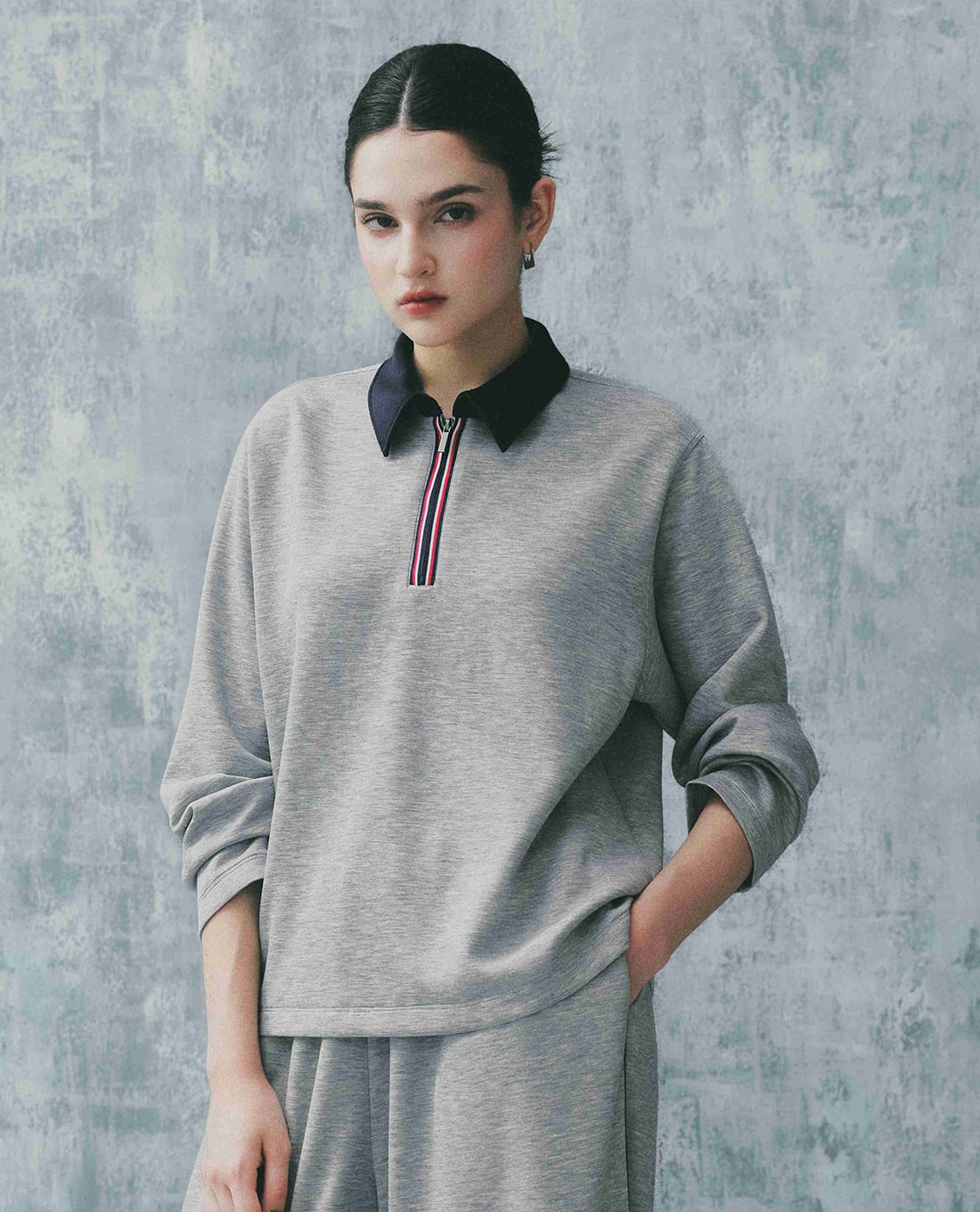 DEZUS - Áo polo nữ cổ bẻ tay dài phối zip Duriny