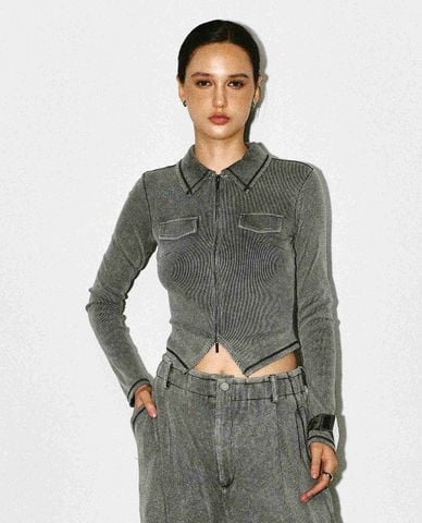  DEZUS - Áo dệt kim nữ cổ bẻ tay dài khóa zip Amebel 