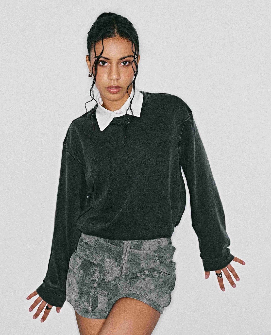 DEZUS - Áo sweatshirt nữ phối cổ sơ mi Caryn