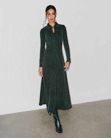  DEZUS - Đầm midi cổ bẻ tay dài dáng ôm Bryniel 