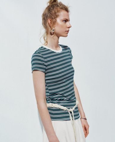  URBAN REVIVO -  Áo thun nữ cổ tròn tay ngắn kẻ sọc 