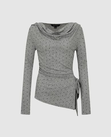  URBAN REVIVO - Áo kiểu nữ cổ đổ nhún eo chấm bi 