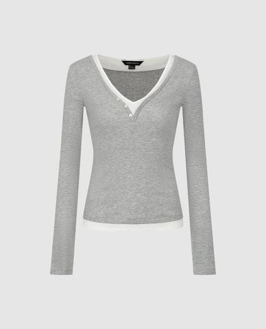  URBAN REVIVO - Áo dệt kim nữ cổ V tay dài phối layer 