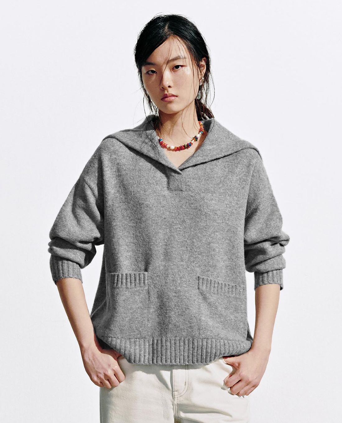 URBAN REVIVO - Áo dệt kim nữ cổ thủy thủ tay dài