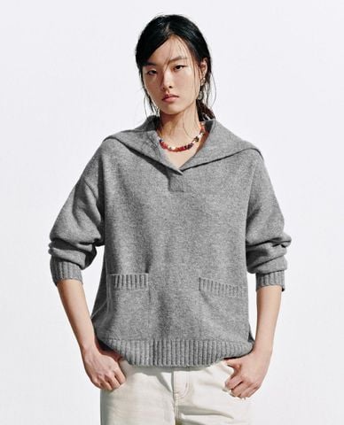  URBAN REVIVO - Áo dệt kim nữ cổ thủy thủ tay dài 