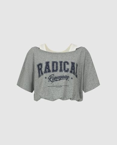  URBAN REVIVO - Áo croptop nữ layer hai lớp in chữ 