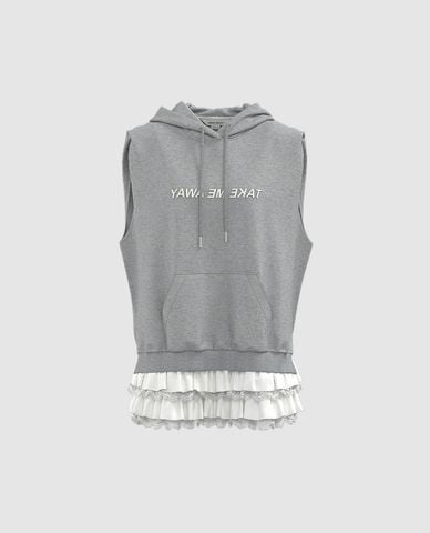 URBAN REVIVO - Áo hoodie nữ sát nách phối tầng bèo 