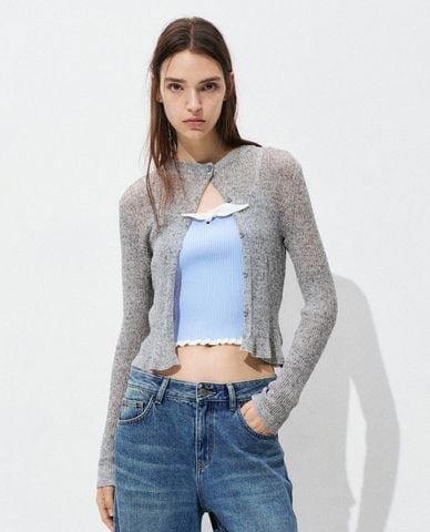  URBAN REVIVO - Áo dệt kim nữ tay dài phối nút 