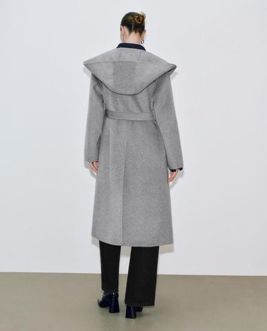  URBAN REVIVO - Áo khoác dạ lông cừu nữ dáng dài phối đai thắt eo 