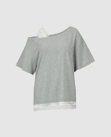  URBAN REVIVO - Áo kiểu nữ lệch vai phối ren 2 In 1 