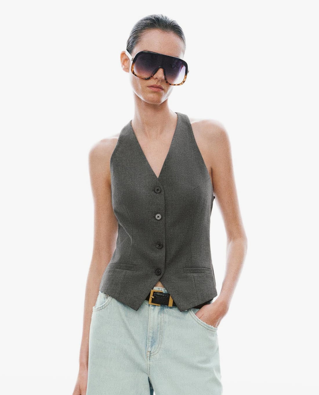 URBAN REVIVO - Áo khoác gilet nữ cổ V hở lưng phối ren