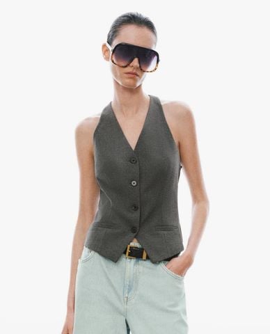  URBAN REVIVO - Áo khoác gilet nữ cổ V hở lưng phối ren 