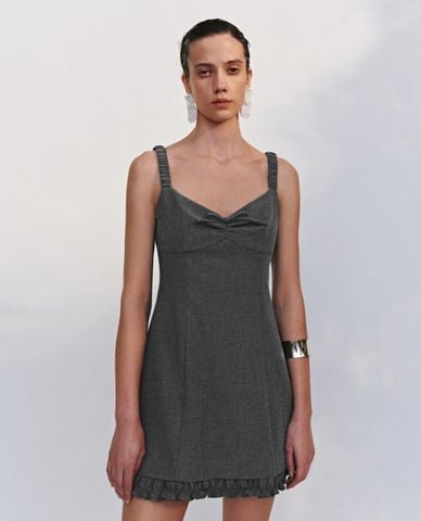  URBAN REVIVO - Đầm hai dây mini nhún ngực phối viền bèo 