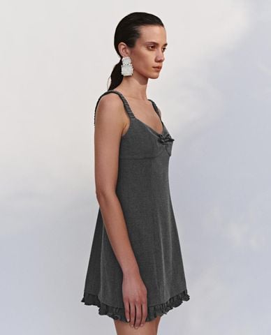  URBAN REVIVO - Đầm hai dây mini nhún ngực phối viền bèo 