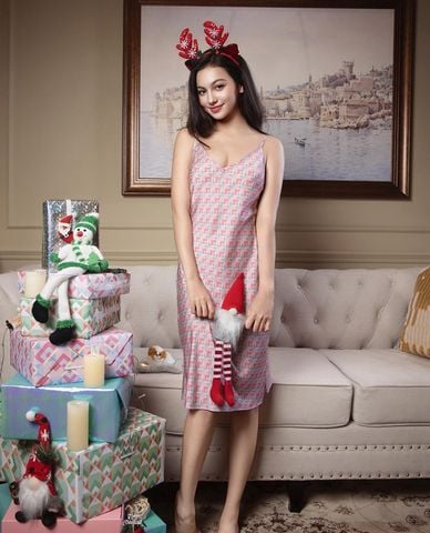  VERA - Đầm ngắn nữ mặc nhà hai dây satin in 