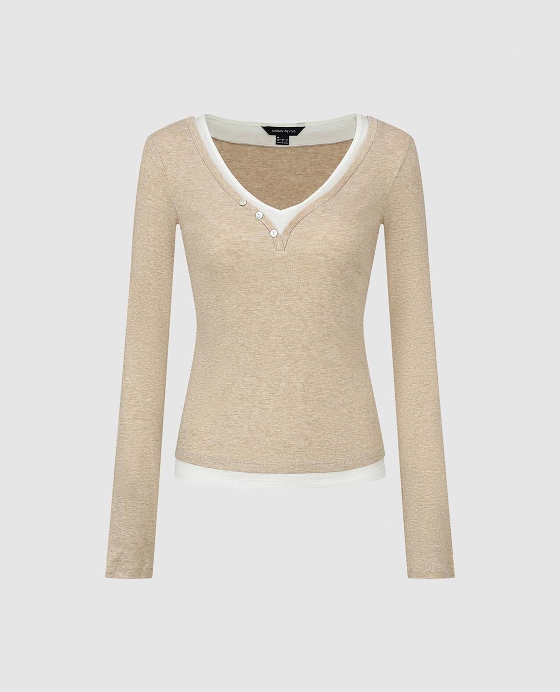 URBAN REVIVO - Áo dệt kim nữ cổ V tay dài phối layer