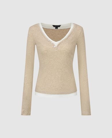  URBAN REVIVO - Áo dệt kim nữ cổ V tay dài phối layer 