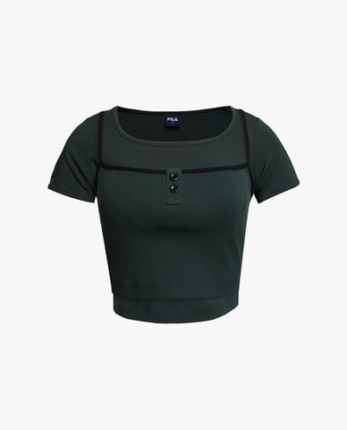  FILA - Áo croptop nữ cổ vuông phối layer Origin Club 