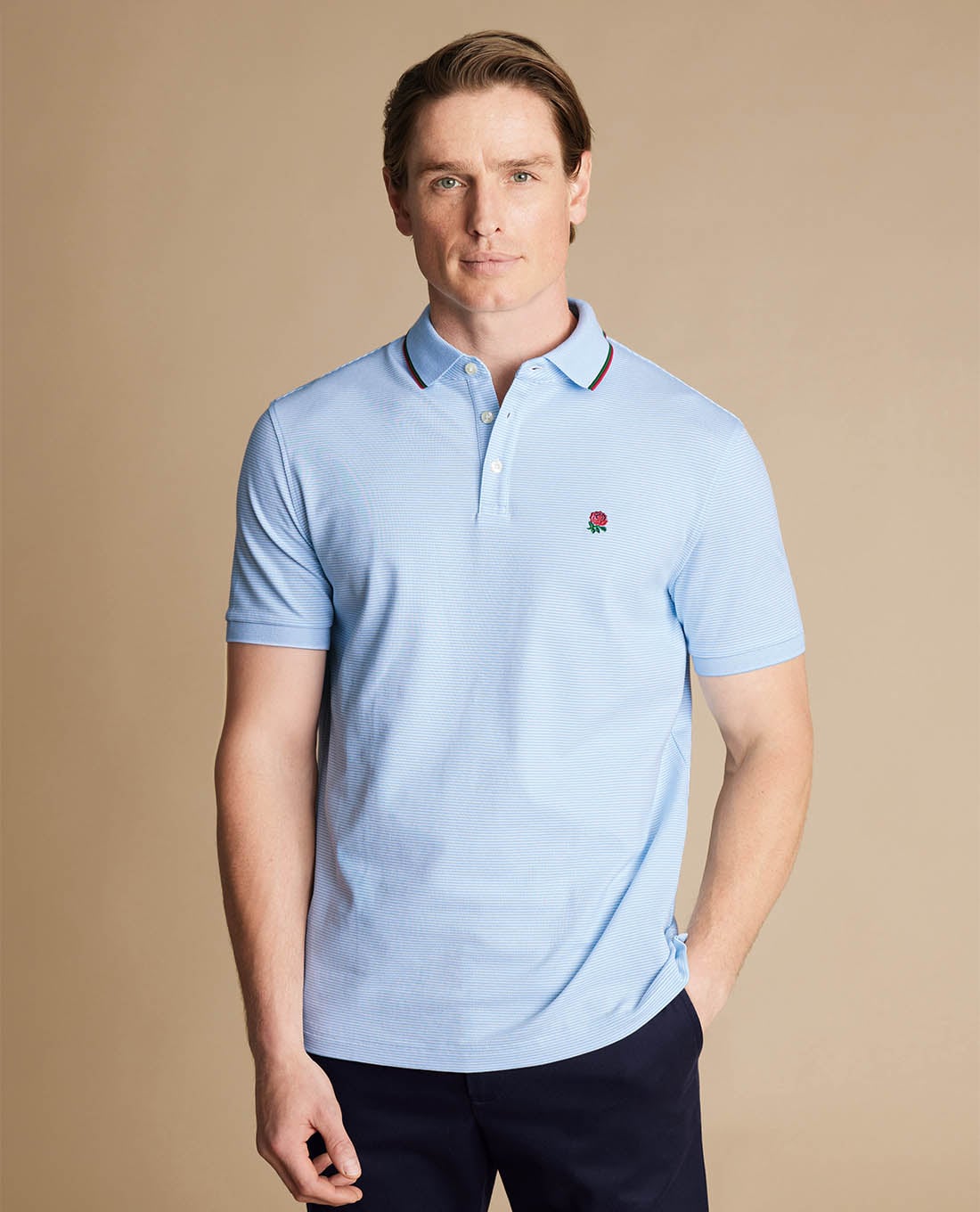 CHARLES TYRWHITT - Áo polo nam tay ngắn kẻ sọc thêu hoa