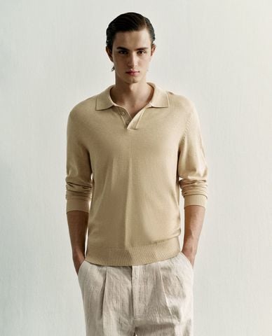  URBAN REVIVO - Áo polo nam dệt kim cổ bẻ tay dài 