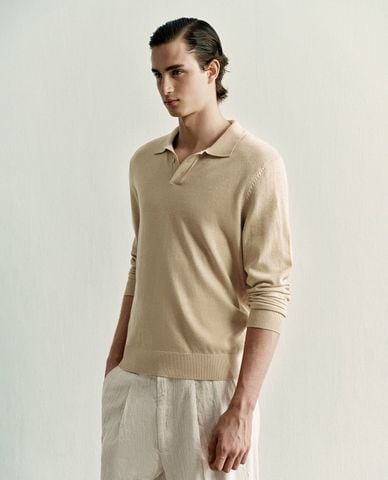  URBAN REVIVO - Áo polo nam dệt kim cổ bẻ tay dài 
