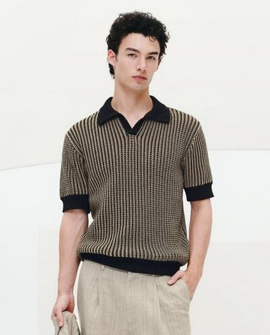  URBAN REVIVO - Áo dệt kim nam cổ bẻ tay ngắn bo gấu 