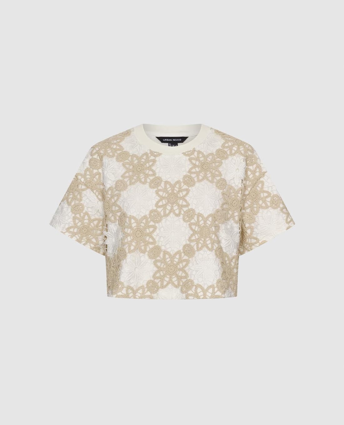 URBAN REVIVO - Áo croptop nữ cổ tròn tay ngắn phối hoa văn