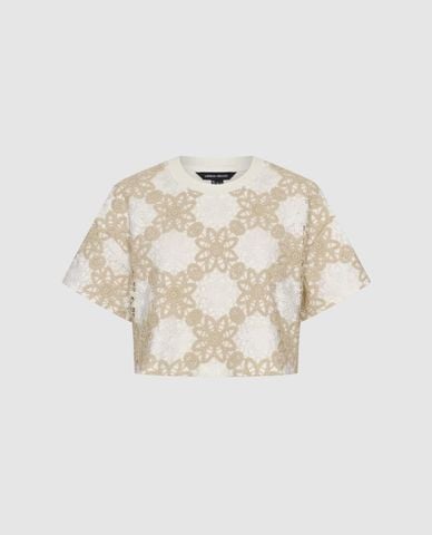  URBAN REVIVO - Áo croptop nữ cổ tròn tay ngắn phối hoa văn 